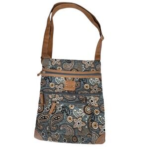Stone Mountain Crossbody Bag Paisley Blue Brown Leather Trim Multi Pocket NWOT